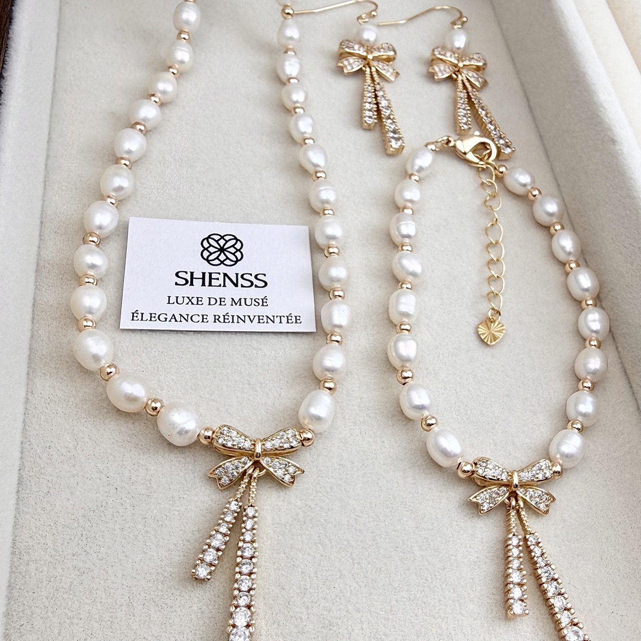 Pearl Necklace Set - Natural Rice-Shaped Pearl Bowknot Necklace Bracelet