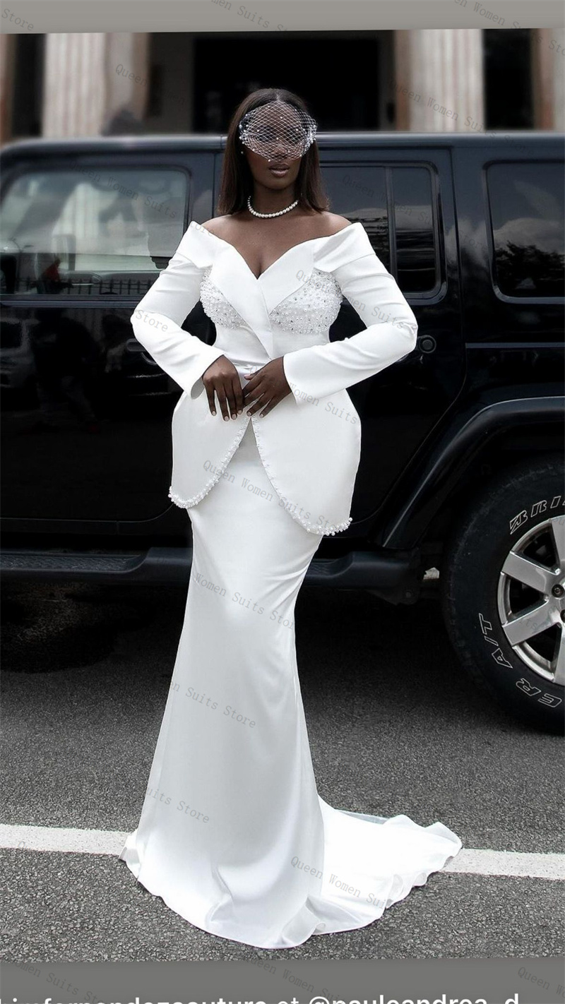 Women Formal Wear With Skirt - White Pearls Women Suit Skirt Set