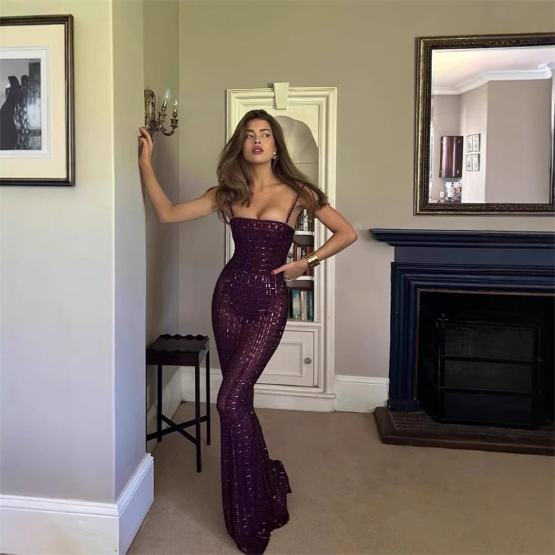 Women Formal Wear With Skirt - Purple Crystal Women Prom Dress Sexy