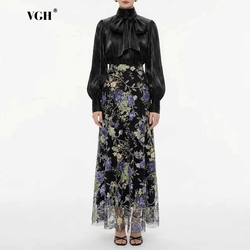 Women Formal Wear With Skirt - VGH Elegant Chic Black Floral Two