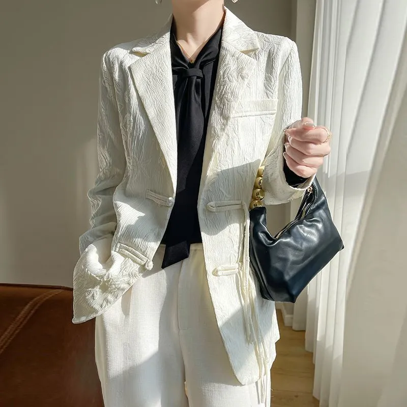 Women Formal Wear With Blazer - Women's White Textured Blazer Jacket Notched