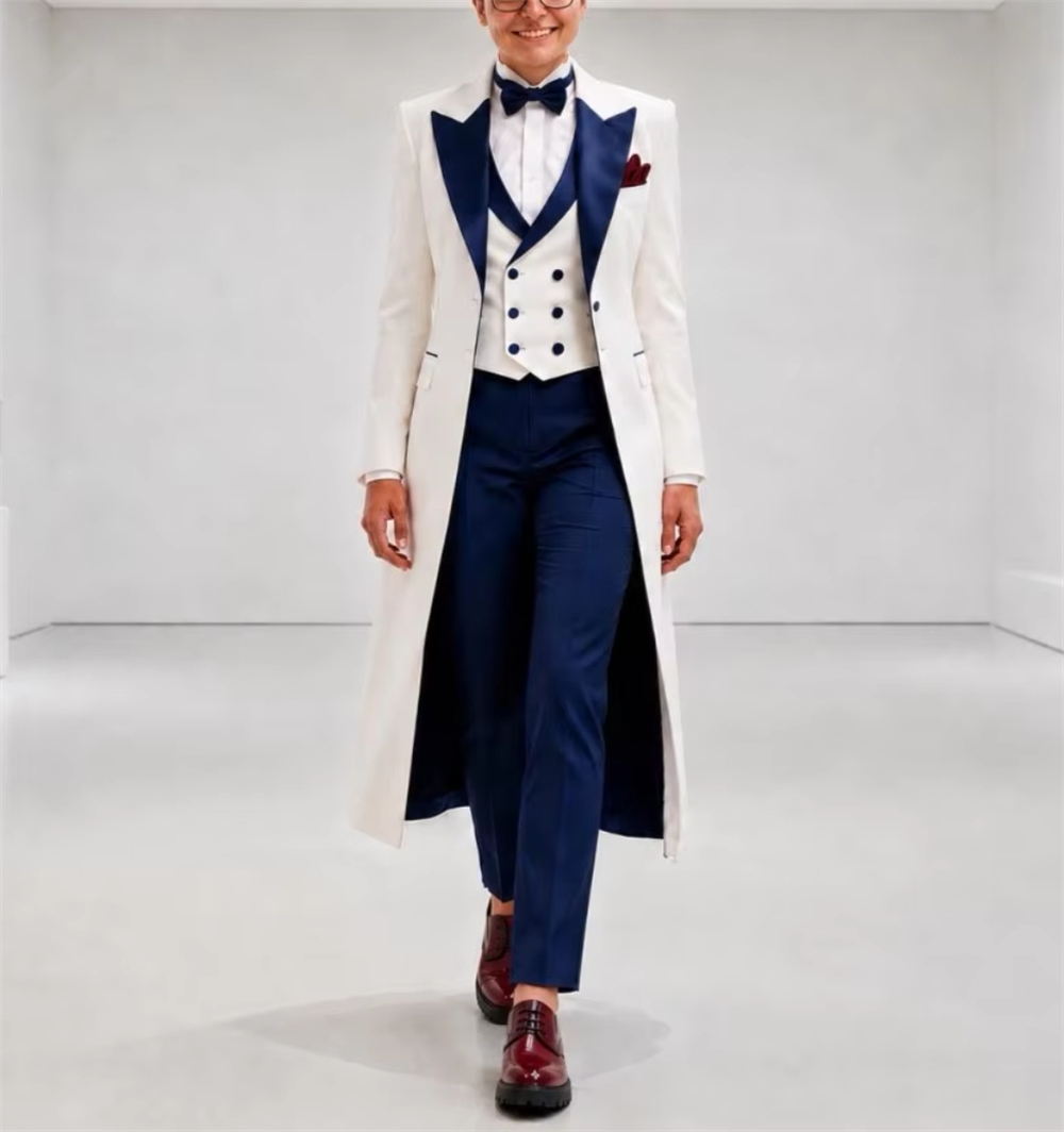 Women Formal Wear With Blazer - Navy Blue White Women's Jacket Suits