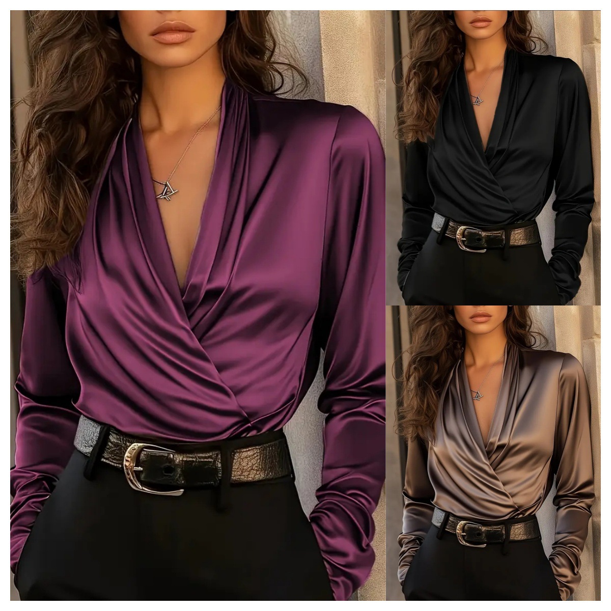 Women's Satin Wrap V Neck Long - Women Formal Blouses For Evening Wear ulasan dan harga