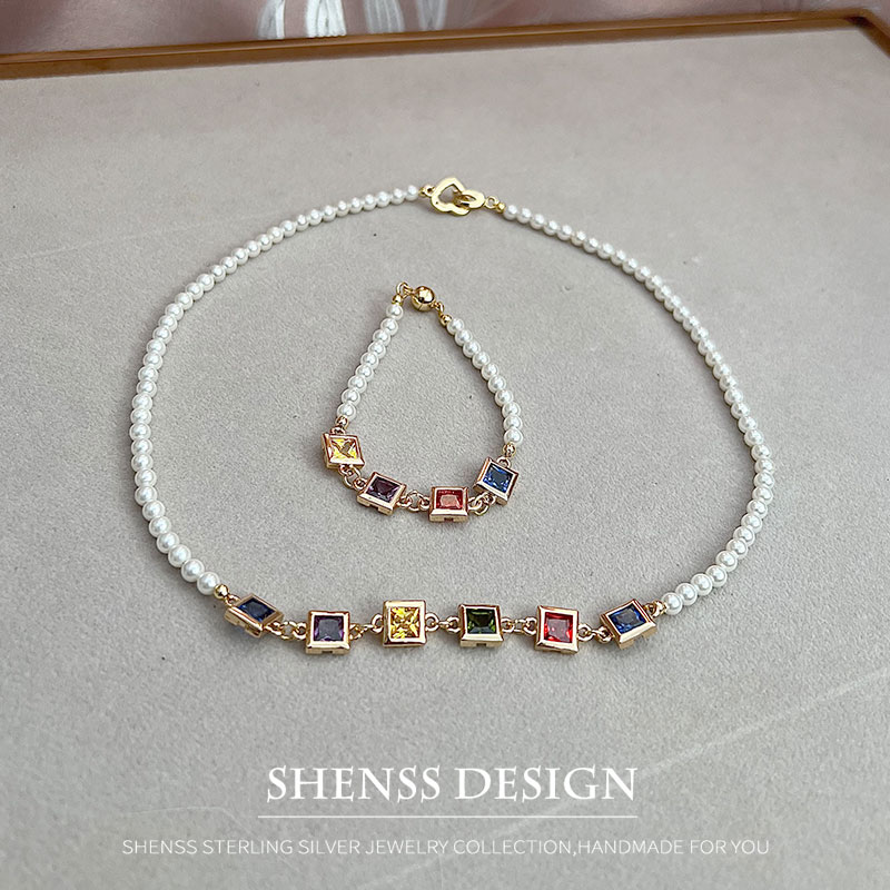 Imitation Pearl Square Zircon  - Pearl Necklace Set ulasan dan harga